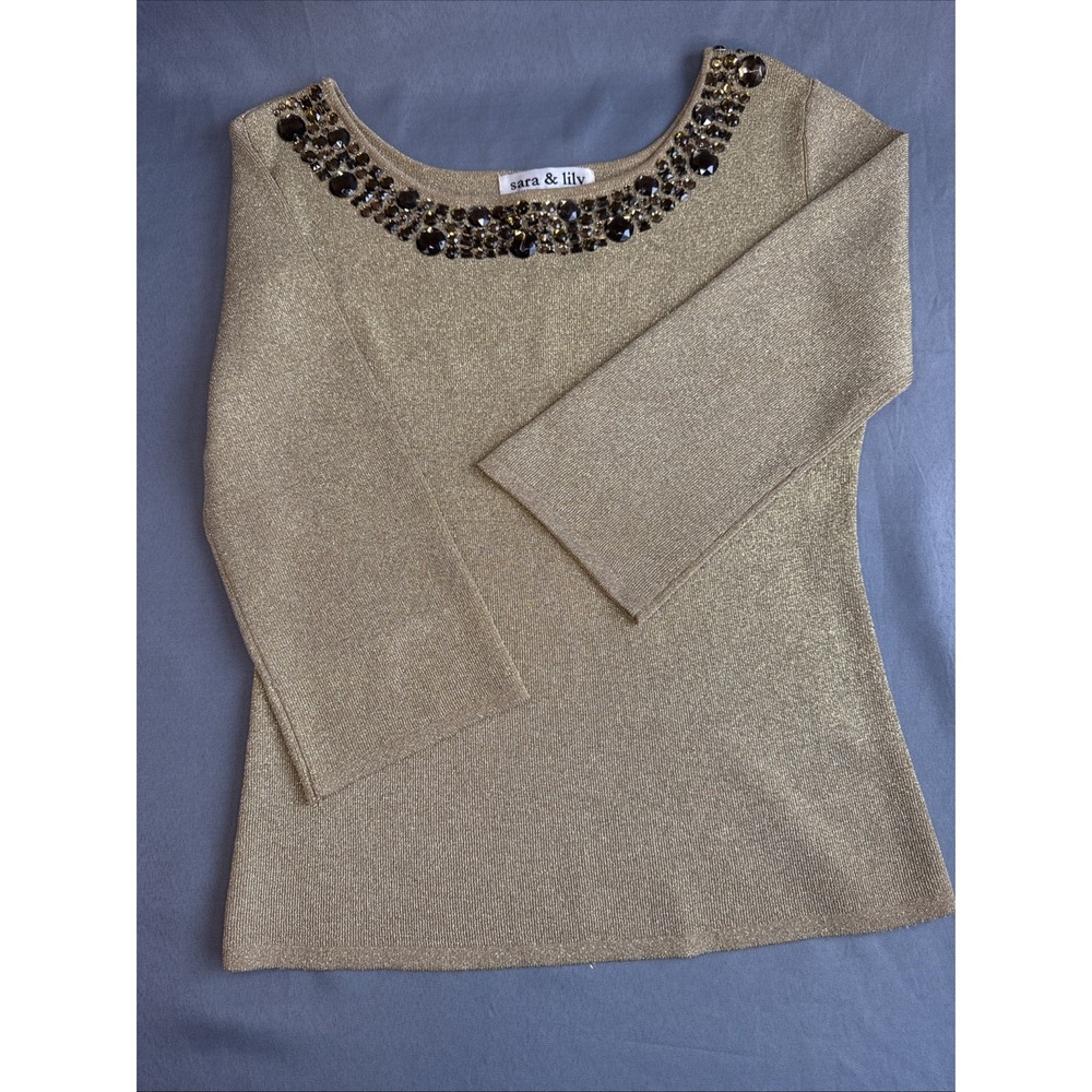 Sara‎ & Lily Women's Top Blouse Medium Gold Glitter Metallic Beaded Studded